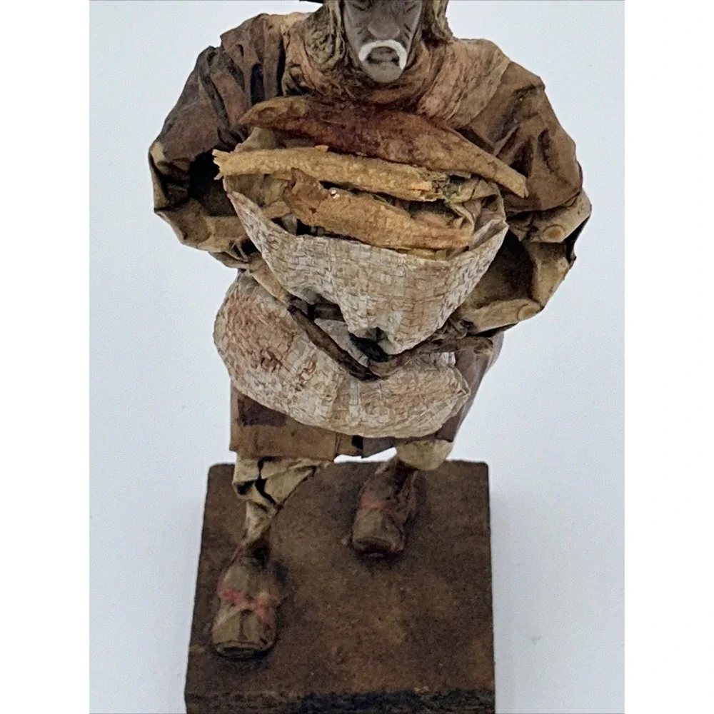 Vintage Authentic Mexican Paper‎ Mache Man Folk Art Figurine With Bag Of Fish